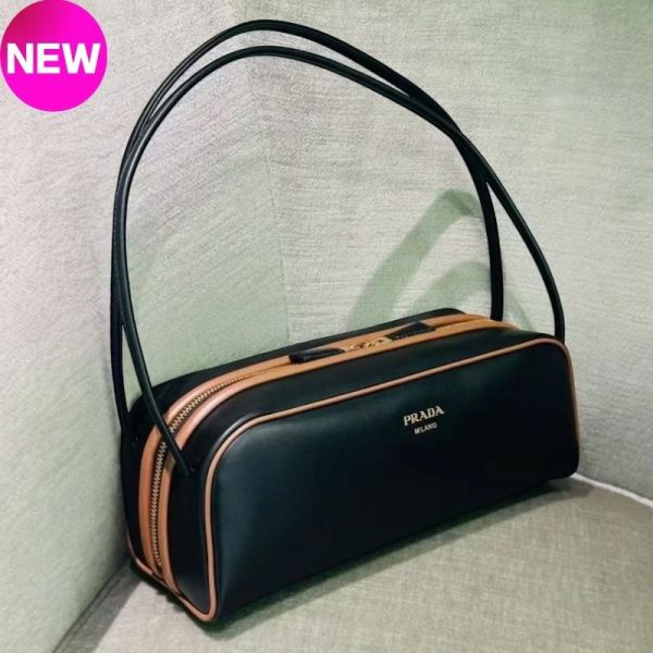 Prada  1BC249  Swing 柔滑小牛皮肩背包  黑色/榛果色 Prada 肩背包, 柔滑小牛皮, 黑色時尚, 字母標誌, 義大利手工