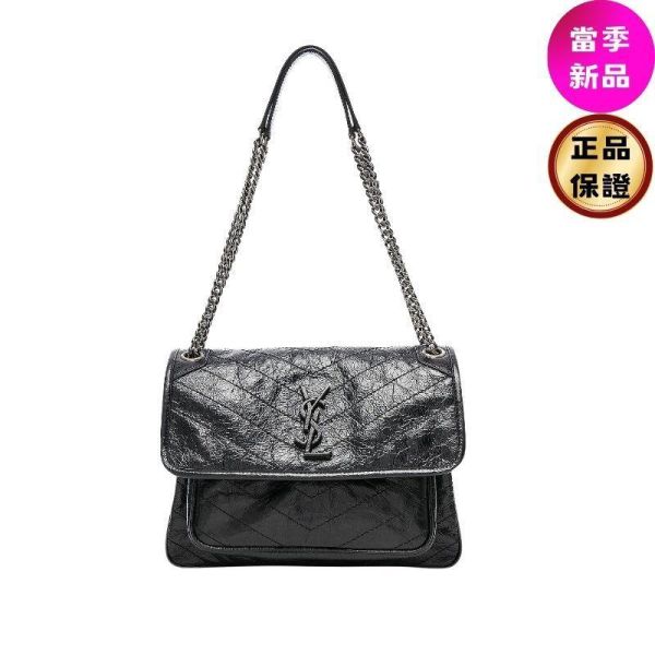 Saint Laurent 633158 YSL 中款復古皺褶小牛皮 Niki 包   黑色銀鏈 Saint Laurent CASSANDRE 小牛皮包, V字形絎縫軟包, 皮革包裹標誌包
 復古小牛皮肩背包, 義大利製Saint Laurent包, 拉絲鈀金五金配件包
 Saint Laurent多功能鏈帶包推薦, 奢華小牛皮軟包, Saint Laurent經典CASSANDRE包推薦