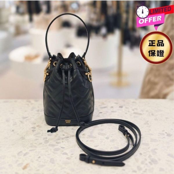 Fendi 8BS093 迷你 FF 立體浮雕Mon Tresor 包    黑色/附肩帶 Fendi,Mon Tresor,FF浮雕水桶包,黑色迷你包,Fendi水桶包