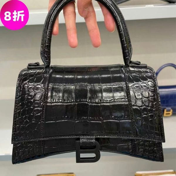 Balenciaga 593546 小款 Hourglass  S 小牛皮鱷魚紋沙漏包   黑釦/黑色 