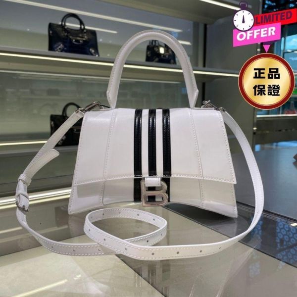 Balenciaga x adidas 593546 小款 Hourglass S 小牛皮沙漏包  白色 alenciaga、adidas、Hourglass S、聯名包、黑色小牛皮、精品肩背包