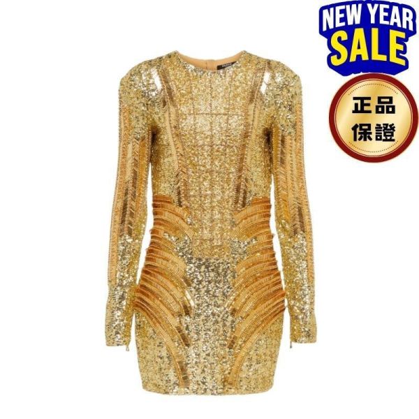 Balmain 女款亮片貼身迷你洋裝 香檳金  EU42 S Balmain, 亮片洋裝, 迷你洋裝, 墊肩設計, 法國製造, 奢華女裝