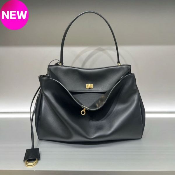 Balenciaga 789744 光滑小牛皮大款 Rodeo 包    黑色/復古金釦 Balenciaga Rodeo 大號手提包, 黑色小牛皮手提包, 可拆卸肩帶手提包, 做舊金色五金配件, Balenciaga 義大利製手提包, Balenciaga 光滑皮革包