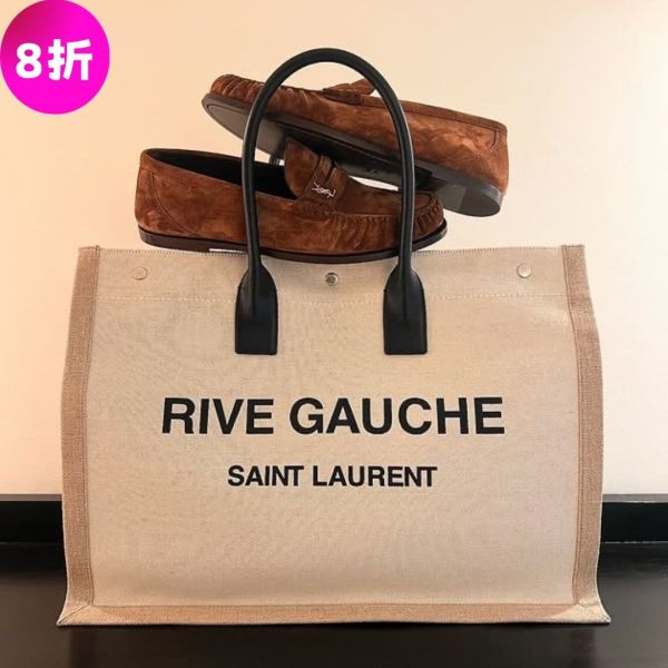 Saint Laurent 499290 YSL Rive Gauche 亞麻和皮革帆布托特包 Saint Laurent托特包, Rive Gauche亞麻包, YSL帆布手提包, Saint Laurent手提包, 時尚大容量托特包