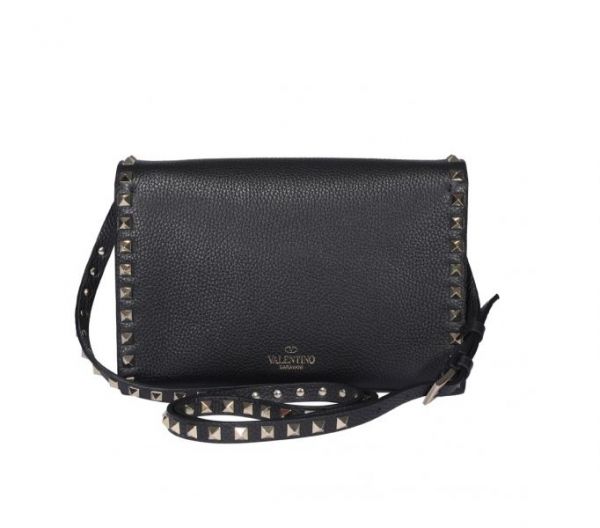 Valentino 小款 Rockstud 粒面小牛皮斜背包 黑色 