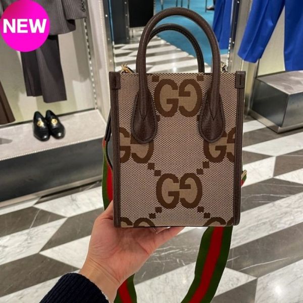 Gucci 699406 JUMBO GG迷你帆布包 Gucci 迷你手提袋, Jumbo GG 帆布包, Gucci 經典紅綠織帶, Gucci 義大利製, Gucci 迷你包, Gucci 棕色皮革飾邊, Gucci 經典手袋