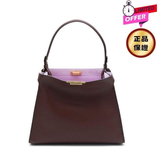 Fendi Way 8BN368 中款深棕色皮革和紫羅蘭色麂皮包 FENDI Way,中型手袋,黑色小牛皮,牛角鎖包款,義大利製造
