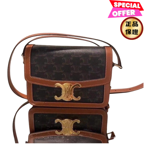 Celine 18888 Teen 老花帆布及小牛皮 Triomphe 凱旋門包    黃褐色 celine Teen包, Celine凱旋門包, 帆布小牛皮包, Celine肩背包, Triomphe包