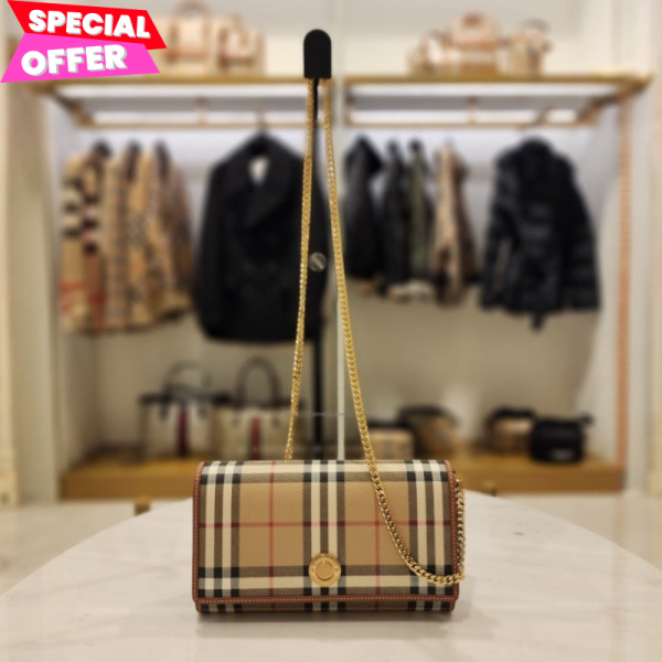 Burberry 809444201 格紋長款帶鏈帶皮夾WOC  典藏米色 Burberry 80704141格紋長款皮夾/錢包  典藏米色