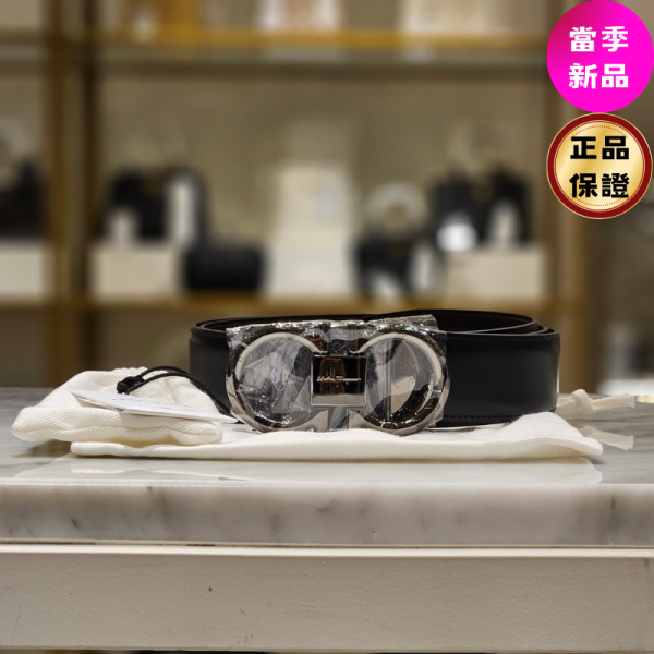Ferragamo 694531男士雙面可調節 3.5公分寬 Gancini 腰帶 黑色/銀扣 95/110/115公分 Ferragamo, Gancini皮帶, 牛皮, 黑色, 義大利製造, 時尚單品