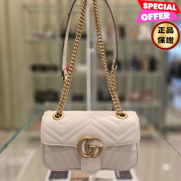 Gucci 446744 GG Marmont 迷你22公分衍縫包    白色 Gucci GG Marmont迷你包, 絎縫波浪紋皮革, 迷你鏈帶包