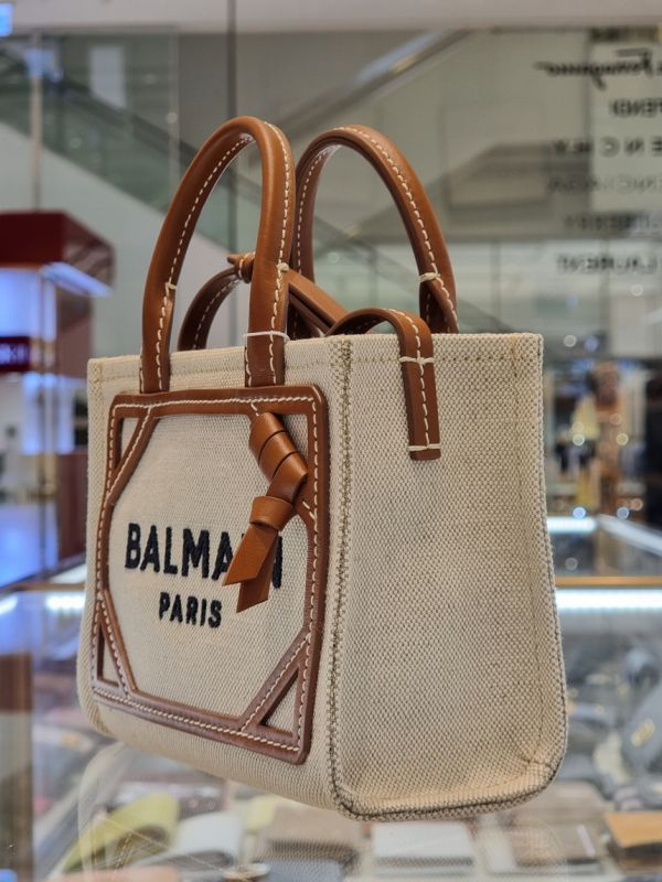 Balmain B-Army 皮革鑲嵌迷你帆布購物包 棕色 Balmain B-Army 皮革鑲嵌迷你帆布購物包  棕色