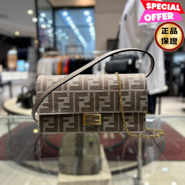 Fendi 8M0498 FF 緹花貝貴 Baguette WOC 鏈帶皮夾   米色 Fendi, Baguette鏈帶皮夾, 牛仔布FF提花, 米色, 義大利製造, 時尚單品