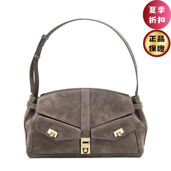 Ferragamo 219983 大款磨砂小牛皮Hug包  岩灰色 Ferragamo, Hug多口袋, 手提包, 義大利製造, 2025時尚, Emma Watson, 酷飒設計, 可拆肩帶, 經典風格, 實用口袋