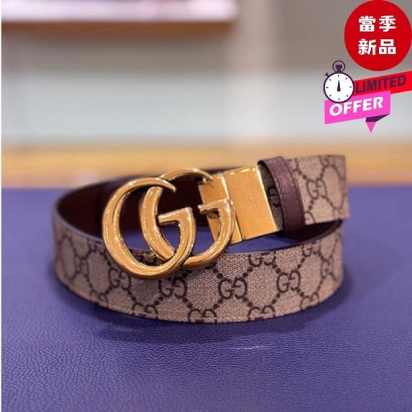 Gucci 659416 GG Marmont 雙 G 金屬扣雙面皮帶  米色／烏木色   75/80/85/90公分 Gucci,GG Marmont,雙面腰帶,GG Supreme,雙G扣環
