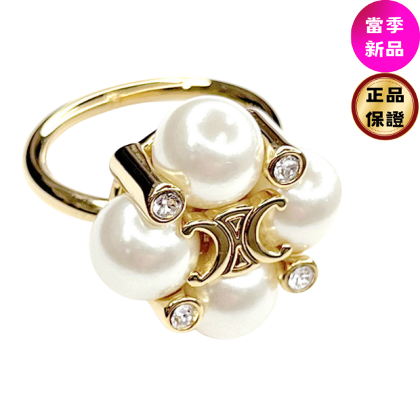 Celine Les Perles 水晶與樹脂珍珠戒指  金色/象牙白 52/54 Celine Les Perles, 施華洛世奇戒指, 黃銅水晶, 金色/象牙白, 義大利製造, 時尚單品
