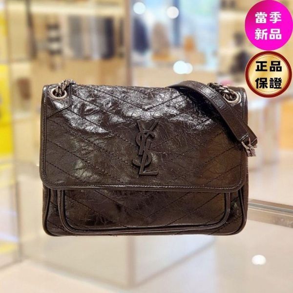 Saint Laurent 633158 YSL 中款復古皺褶小牛皮 Niki 包   黑色銀鏈 Saint Laurent CASSANDRE 小牛皮包, V字形絎縫軟包, 皮革包裹標誌包
 復古小牛皮肩背包, 義大利製Saint Laurent包, 拉絲鈀金五金配件包
 Saint Laurent多功能鏈帶包推薦, 奢華小牛皮軟包, Saint Laurent經典CASSANDRE包推薦