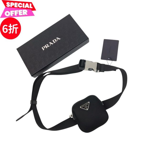 Prada 1CN076 女款編織尼龍腰帶  附可拆卸萬用袋可放信用卡/AirPods    黑色    腰帶長103公分 Prada、尼龍腰帶、萬用袋腰帶、Prada 編織腰封、Prada配件、運動風穿搭、街頭機能風、義大利精品、100%真品、專櫃正品