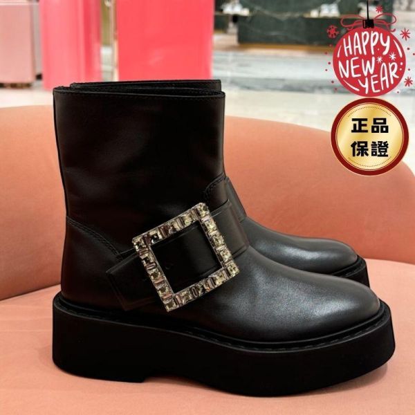 Roger Vivier Viv' Rangers水晶方釦短筒黑色皮靴  EU36/37/39/40 Rogervivier, Viv' Rangers, 短筒皮靴, 小牛皮, 黑色, 義大利