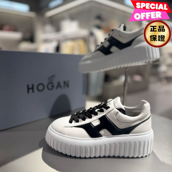 Hogan 女款 H-Stripes 光滑皮革6公分厚底餅乾運動鞋  白配黑色  EU35/36/37/38/39 Hogan, H-Stripes, 運動鞋, 白黑, 納帕皮革, 超輕量大底, 義大利製