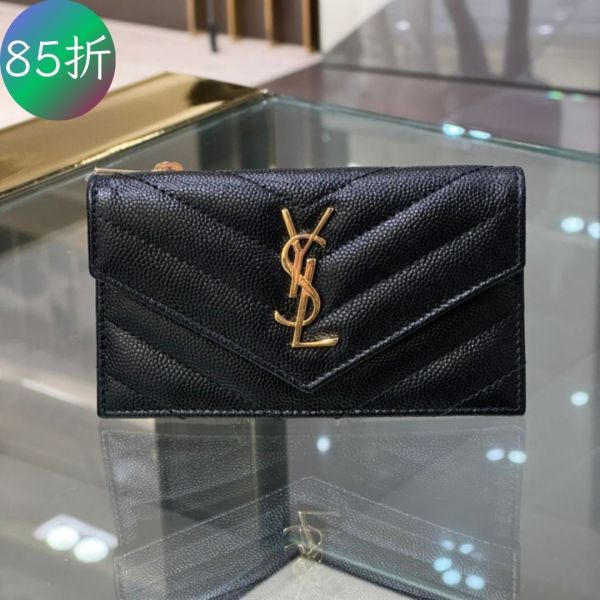 Saint Laurent YSL 612808 V 縫線荔枝皮拉鍊翻蓋卡夾/中長夾/錢包    黑色 Saint Laurent YSL 612808 V 縫線拉鍊翻蓋卡夾/中夾/錢包  黑色
