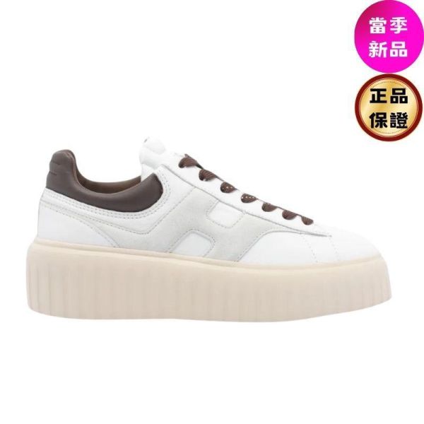 Hogan 女款 H-Stripes 光滑皮革6公分厚底餅乾運動鞋  白色配灰棕色  EU37/37.5/38/38.5/39 Hogan, H-Stripes, 運動鞋, 白黑, 納帕皮革, 超輕量大底, 義大利製