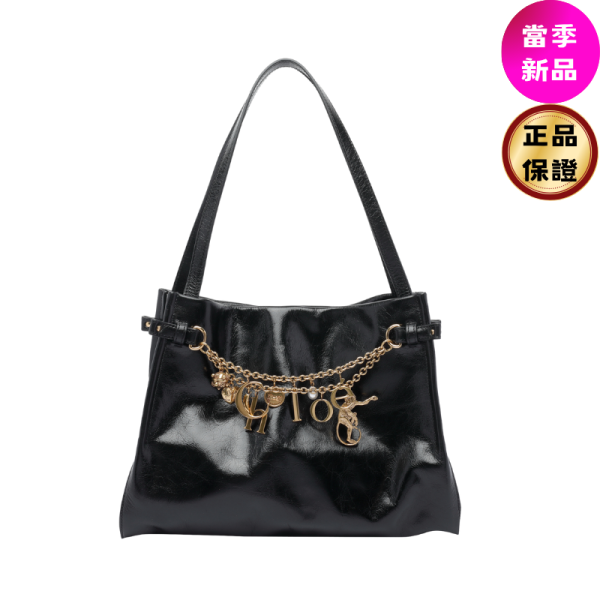 Chloe Charms 中款鏈飾光澤小牛皮革肩背包  黑色 Chloé, Charms Hobo Bag, 黑色, 光澤小牛皮, LWG認證, 金色雙鏈, 實用設計, 時尚單品, 手提包