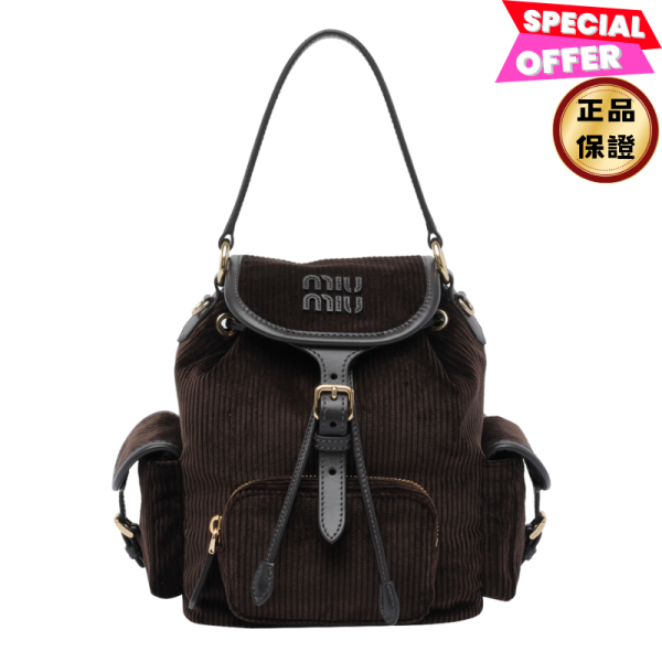 Miu Miu 5BZ043 中款燈芯絨皮革拼接後背包  黑檀色 Miu miu 背包、燈芯絨背包、Miu miu 斜背、Miu miu 經典、Miu miu 女包