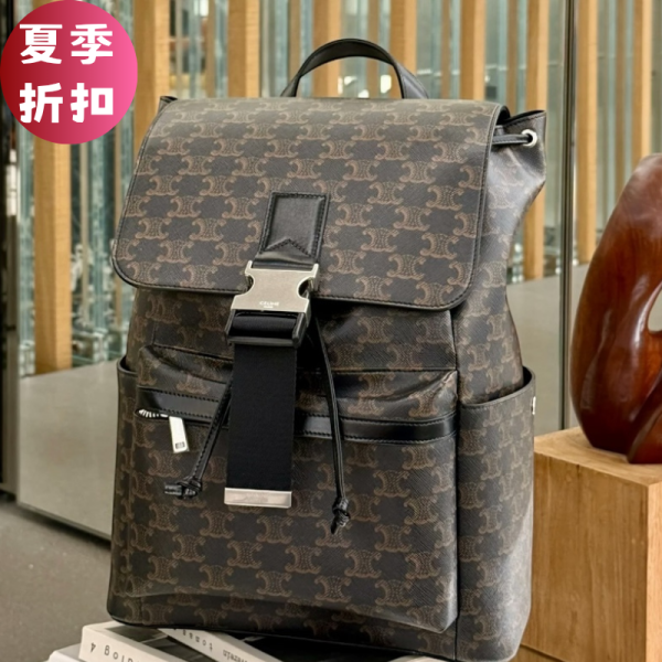 Celine 120812 標誌老花牛皮革飾邊後背包 Celine 背包, 標誌印花, 黑色時尚, 牛皮革飾邊, 可調肩帶