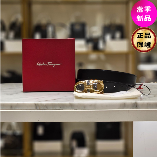 Ferragamo 男士雙面可調節 3.5公分寬 Gancini 腰帶 黑色/金釦 105/110公分 Ferragamo, Gancini皮帶, 牛皮, 黑色, 義大利製造, 時尚單品