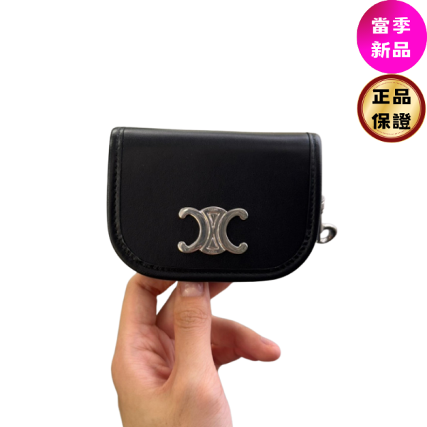 Celine 10P403 凱旋門 Nano Besace 鑰匙包 黑色 Nano Besace Triomphe, 鑰匙環, 牛皮革, 黑色, 義大利製造, 時尚單品