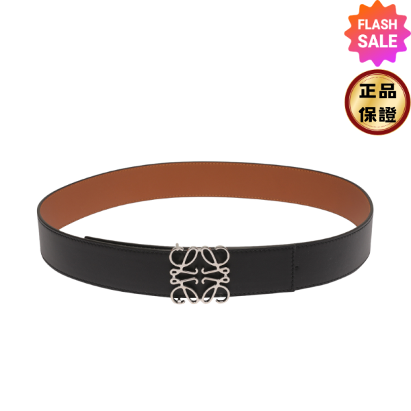 Loewe 男款 光滑小牛皮 Anagram 銀釦雙面可用    寬版腰帶4公分    焦糖色/黑色    105公分 Loewe、Anagram腰帶、雙面皮帶、小牛皮帶、寬版腰帶、精品皮帶、平行輸入、精品平行輸入、100%真品、專櫃真品保證、精品折扣、優惠精品價格、限時優惠、快速配送、台灣精品代購