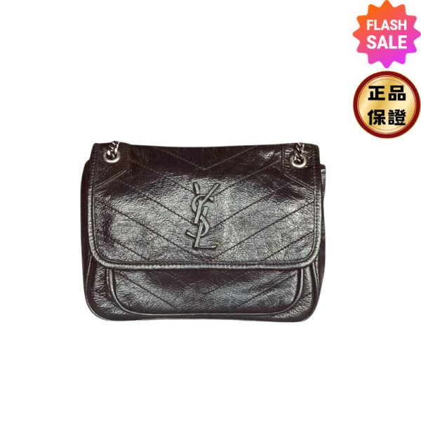 Saint Lauent YSL Niki Baby  復古皺褶小牛皮銀鏈 包 黑色 Saint Laurent Niki Baby包, YSL復古小牛皮包, Saint Laurent鏈條包, YSL黑色包, Saint Laurent翻蓋肩背包