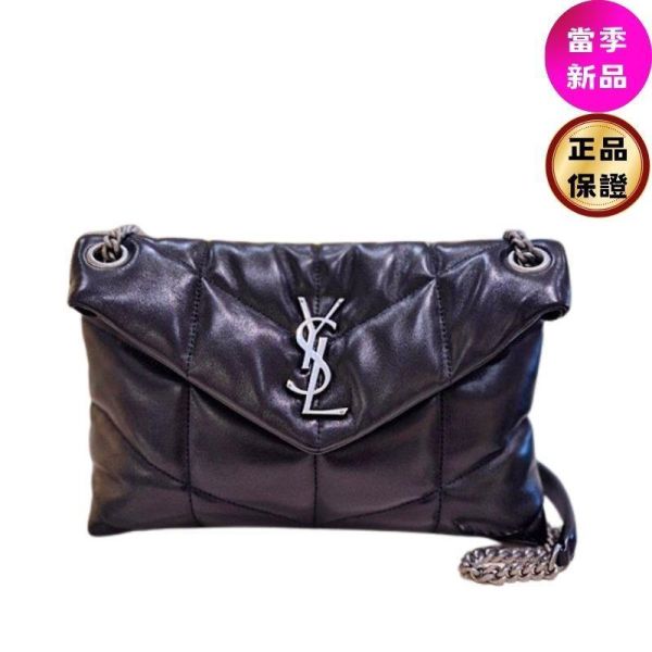 Saint Laurent 577476 YSL 小款 小羊皮 Loulou Puffer 包  黑色/銀鍊 Saint Laurent Loulou Puffer 包, YSL 小羊皮包, 黑色銀鍊包款, Saint Laurent 577476, YSL 雙肩帶包, 小款 Loulou Puffer, 青銅色金色五金, 羅緞襯裡手袋