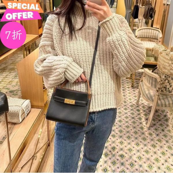Tory Burch Lee Radziwill Petite 雙層鎖扣皮革包  黑色 Tory Burch Lee Radziwill, 荔枝紋雙層包, 蘑菇棕肩背包, 越南製奢華手袋, 金屬鎖扣包, 迷你斜背包, 女士時尚通勤包, 層次設計百搭包