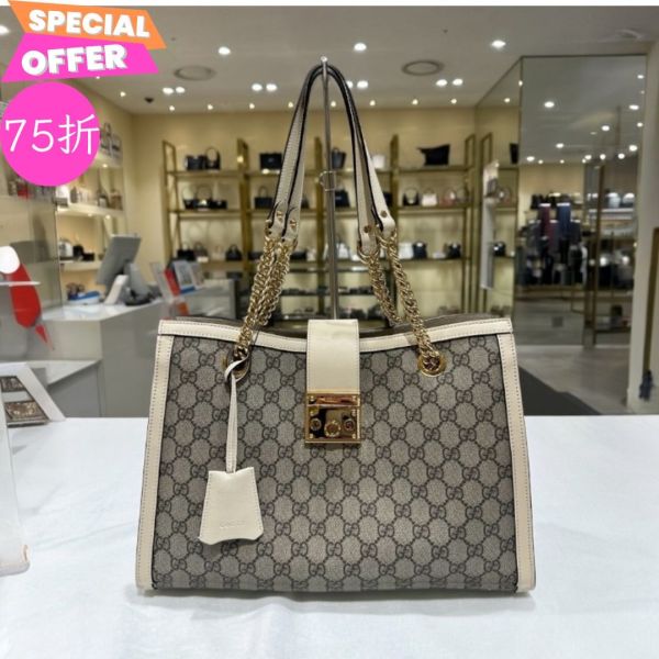 Gucci 479197 GG Supreme 帆布Padlock中型購物包     白色 Gucci GG Supreme Padlock包 中型購物包 Gucci鎖扣包 GG Supreme帆布包