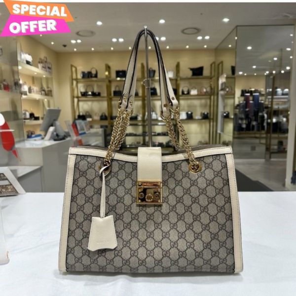 Gucci 479197 GG Supreme 帆布Padlock中型購物包     白色 Gucci GG Supreme Padlock包 中型購物包 Gucci鎖扣包 GG Supreme帆布包
