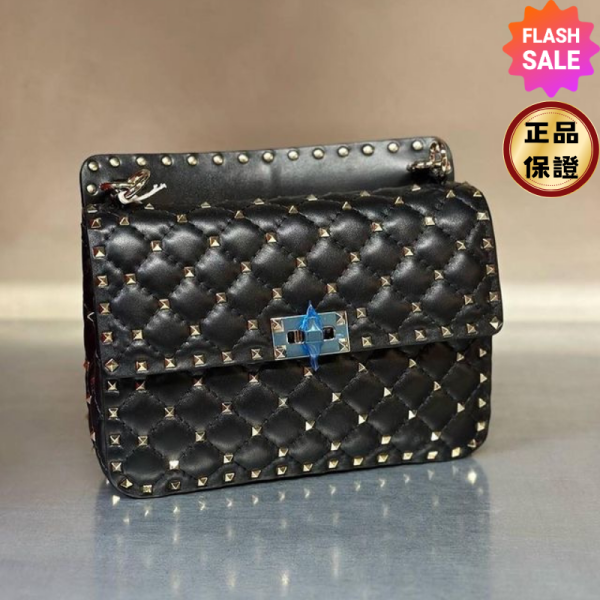 Valentino 中款 Rockstud Spike淺金色鉚釘兩用包 黑色 Valentino, Rockstud Spike, 淺金色鉚釘兩用包, 義大利製造, 羊皮, 肩帶, 時尚單品