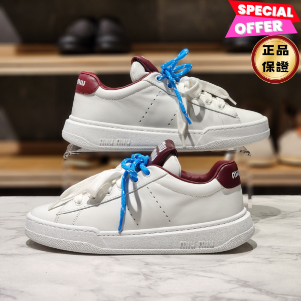 Miu Miu 5E387E 小牛皮白色運動鞋  藍色/酒紅色尾  IT 35/35.5/36/36.5/37 Miu Miu, 皮革運動鞋, 小牛皮, 義大利製造, 時尚單品