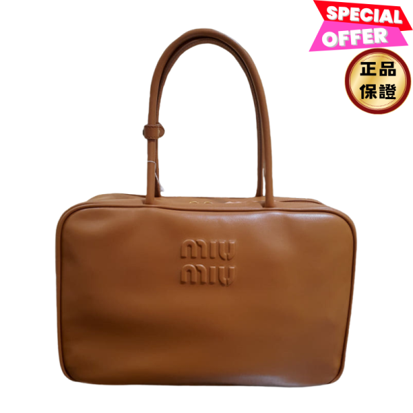 Miu Miu 5BB117 大款小牛皮 Beau包  干邑色/焦糖色系 Miu Miu Beau包, Miu Miu 小牛皮手袋, 中款 Beau包, 黑色精品包, 壓紋標誌包, 義大利精品包, 100% 真品,