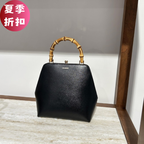 Jil Sander Square Goji Bamboo 竹節包    黑色 il Sander Square Goji 竹節包, 小牛皮竹節包, 竹製手柄包款, Jil Sander 金屬框架包, 鋁箔壓花標誌包, 黑色方形手袋