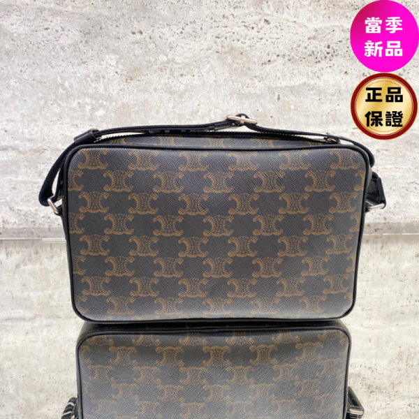 Celine 197202 標誌老花中款信差包  黑色 CELINE, Triomphe Canvas, 信差包, 標誌印花, 義大利製造