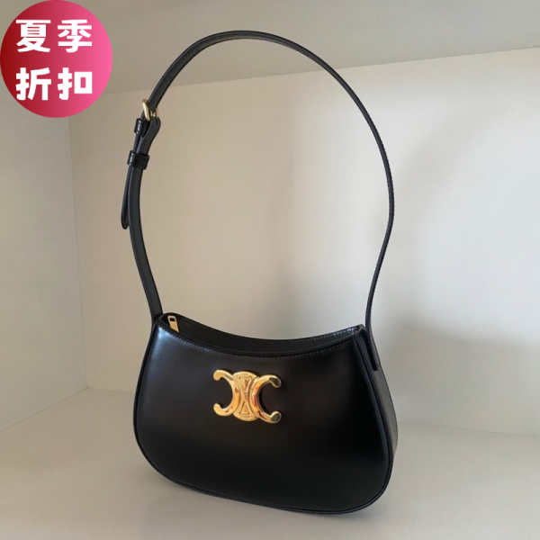 Celine 115703 亮面小牛皮凱旋門中款 Tilly 包    黑色 Celine 凱旋門包, Celine Tilly 包, 亮面小牛皮包, 金色飾面手袋, Celine 115703 包款, 中款肩背包, 可調肩帶設計, 義大利製時尚包, 黑色手袋