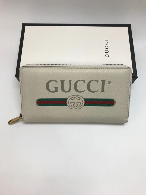 Gucci 496319 中性款復古圖紋小牛皮拉鍊長夾/錢包  白色 