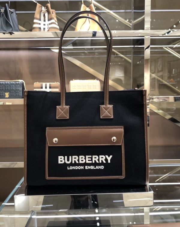 Burberry 80441371 Freya 小款雙色帆布拚皮托特包 黑色 