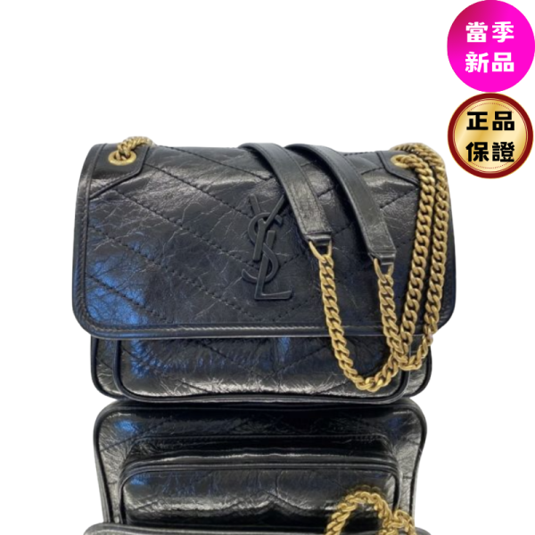 Saint Laurent YSL 中款 Niki 復古皺褶小牛皮金鏈 包   黑色 aint Laurent, YSL, Niki, 金鏈包, 小牛皮, 義大利製造