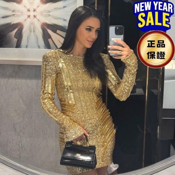 Balmain 女款亮片貼身迷你洋裝 香檳金  EU42 S Balmain, 亮片洋裝, 迷你洋裝, 墊肩設計, 法國製造, 奢華女裝