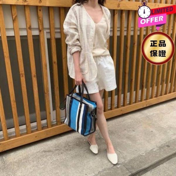 Balenciaga Bazar S 443096 皺褶小羊皮條紋包    附可拆卸長肩帶 Balenciaga Bazar S, 條紋小羊皮包, 兩用包, 都市風格包, 灰白黑藍配色