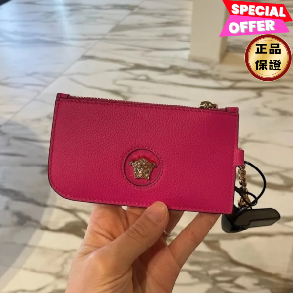 Versace La Medusa 美杜莎小牛皮鑰匙扣信用卡零錢包  紫紅色 Versace, La Medusa ,美杜莎,小牛皮錢包, 義大利製造, 金色品牌字樣, 4個卡槽, 硬幣口袋, 時尚單品