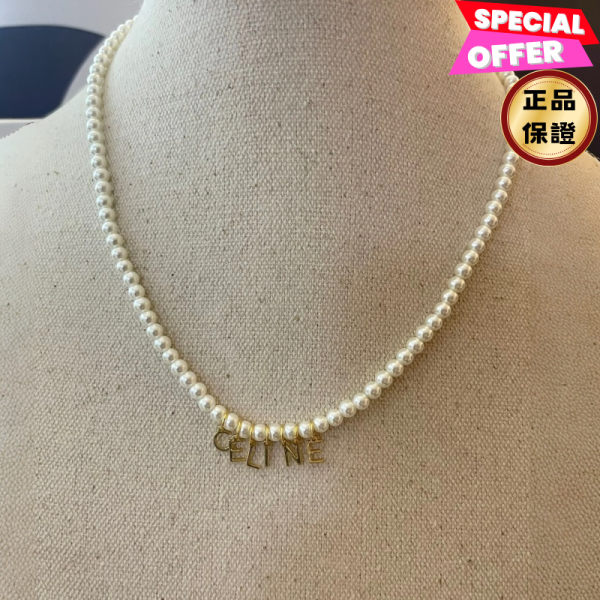 Celine  金色飾面黃銅玻璃珍珠頸鍊   象牙色 / 金色 Celine, 單色頸鍊, 黃銅玻璃珠, 象牙色/銀色, 義大利製造, 時尚單品